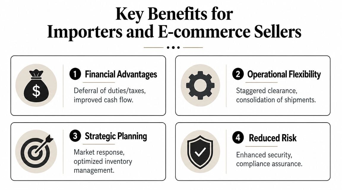 An infographic outlining four key benefits for importers and e-commerce sellers including financial, operational, strategic, and risk advantages.
