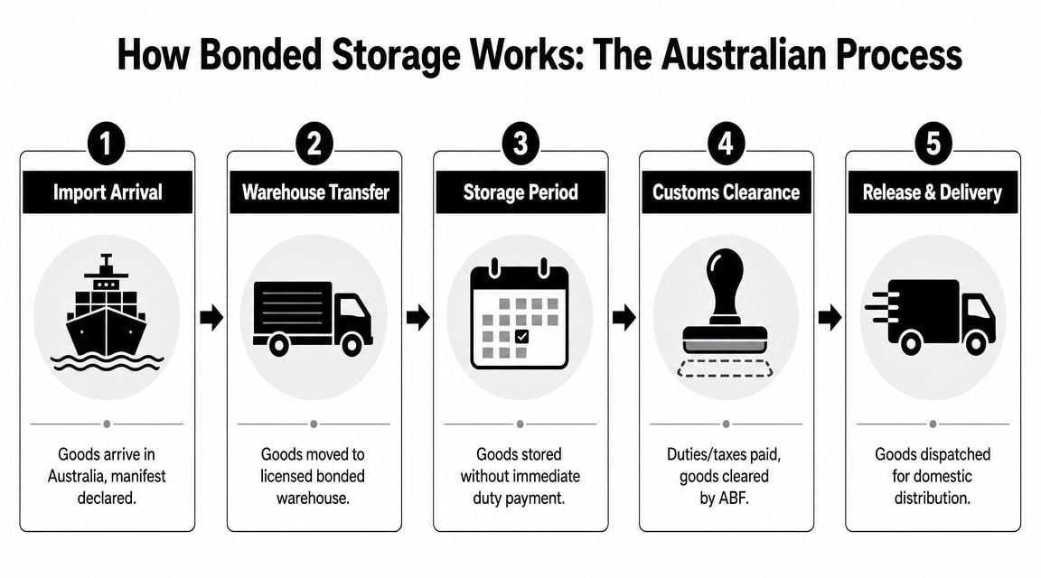 A five-step infographic showing the process of bonded storage for imports arriving in Australia.