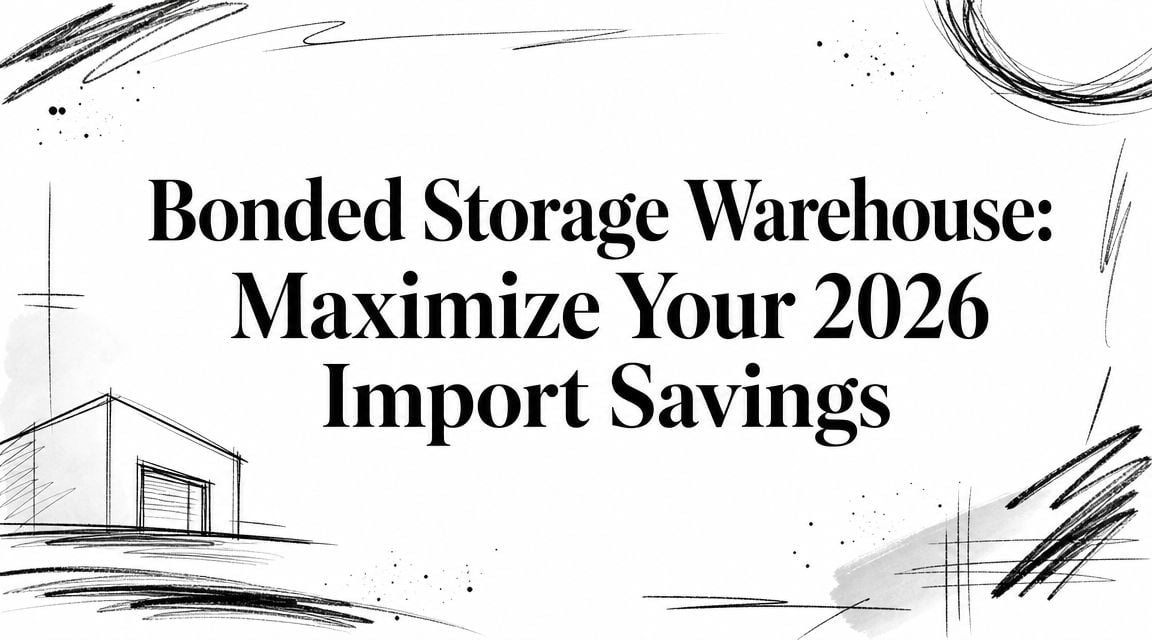 Hero banner with bold headline 'Bonded Storage Warehouse: Maximize Your 2026 Import Savings' and abstract sketch lines around a simple warehouse drawing.