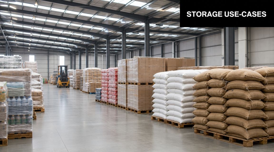 A large warehouse storage facility featuring rows of stacked goods, pallets, and a forklift in the distance.
