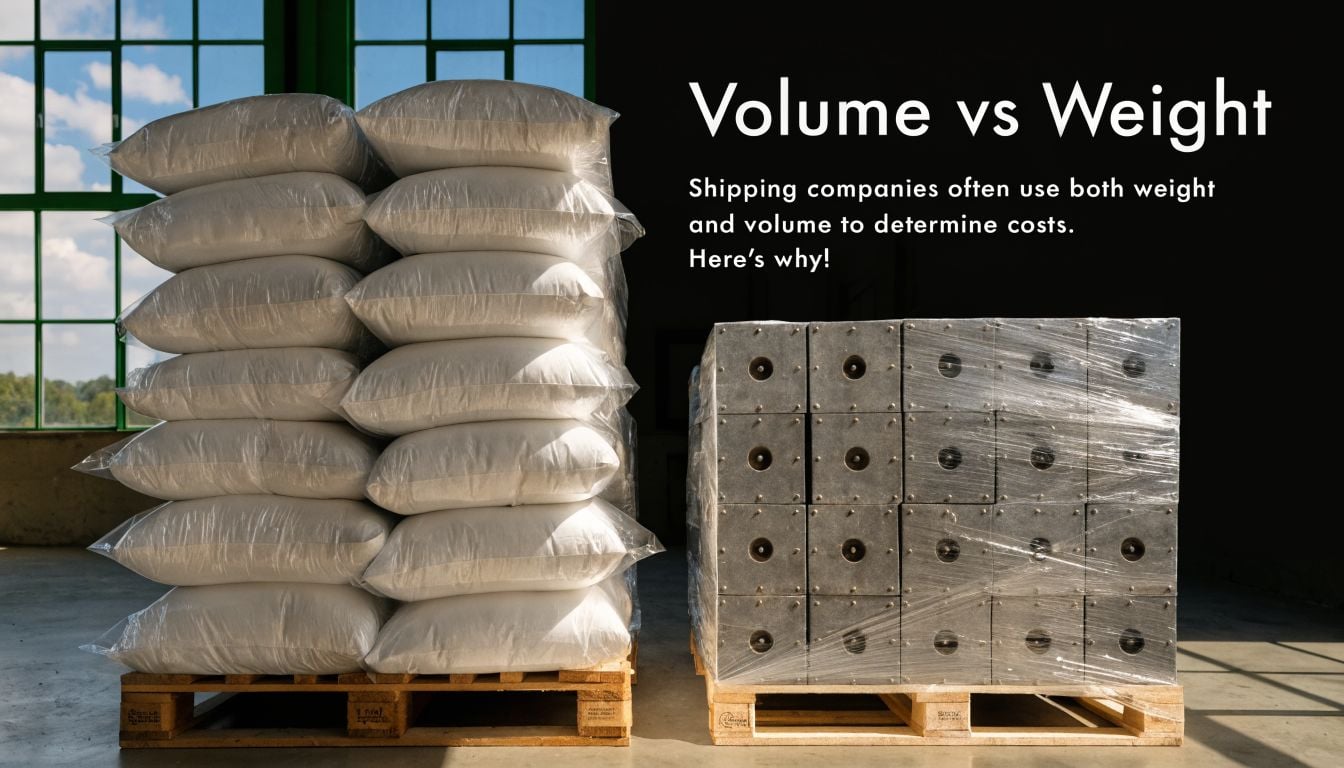 Two pallets inside a warehouse, one containing sacks and one containing dense metal blocks for shipping comparison.