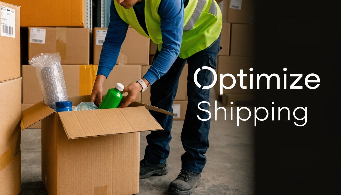 A warehouse worker in a high-visibility vest packing items into a cardboard box for shipping.