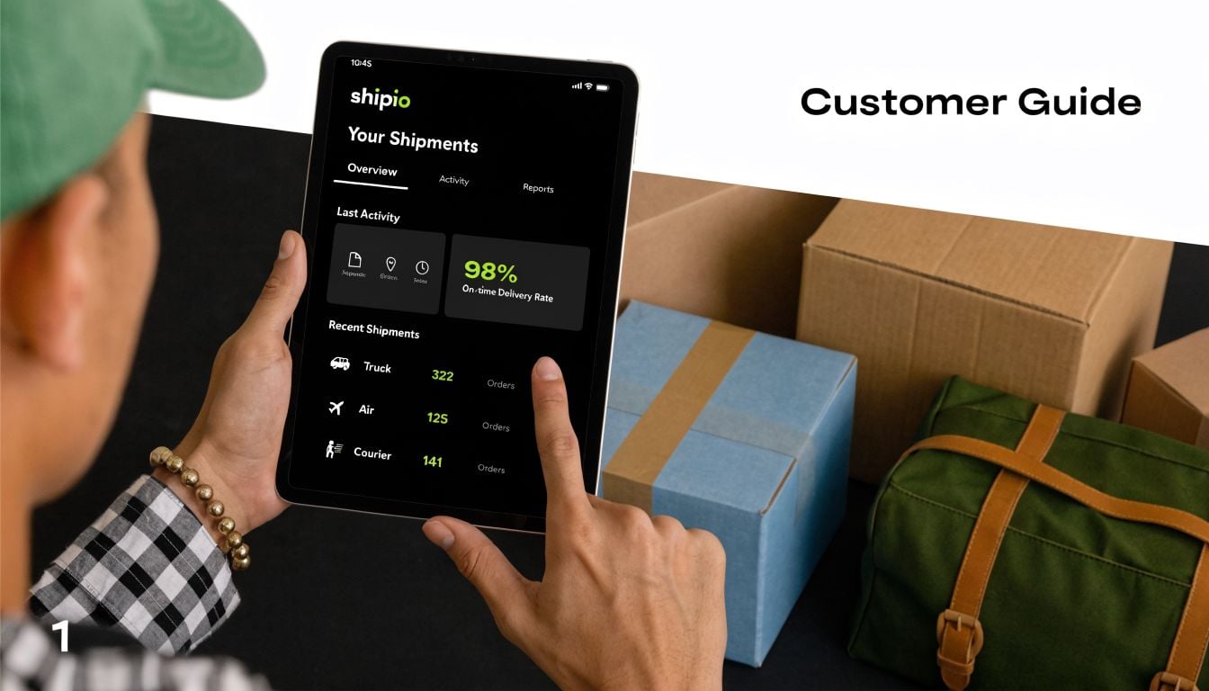 A person using a tablet to view shipment data with logistics dashboard in a warehouse setting.