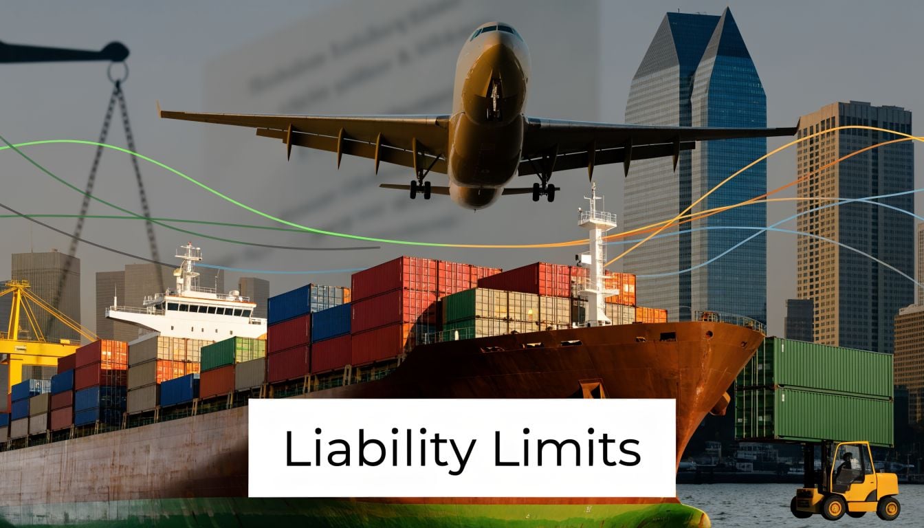 A cargo ship, airplane, and forklift illustrating logistics and supply chain liability limits in global shipping.