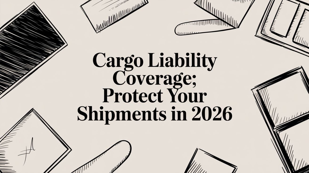 Center-aligned text: 'Cargo Liability Coverage; Protect Your Shipments in 2026' on a beige background with sketchy shipping-related illustrations around the edges