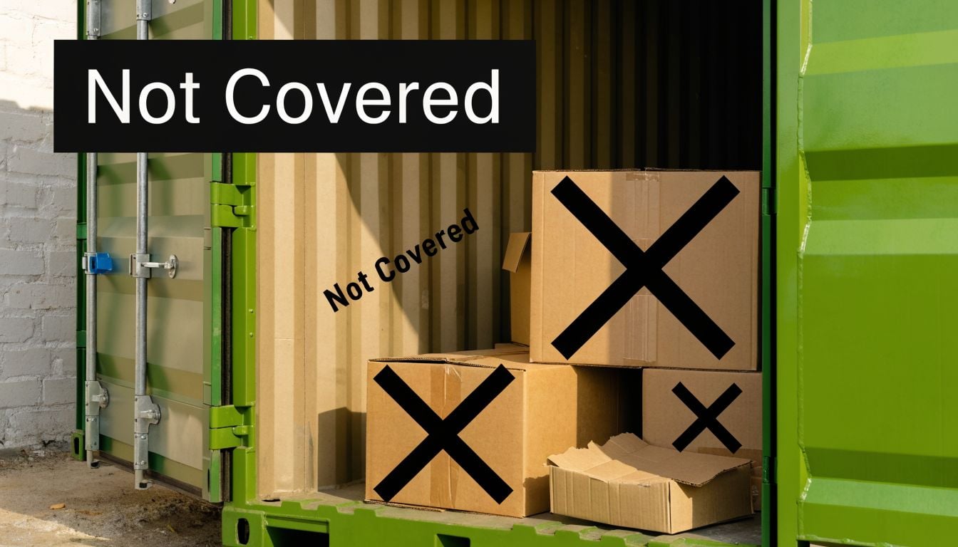 Several cardboard shipping boxes placed inside an open green storage shipping container with X marks.