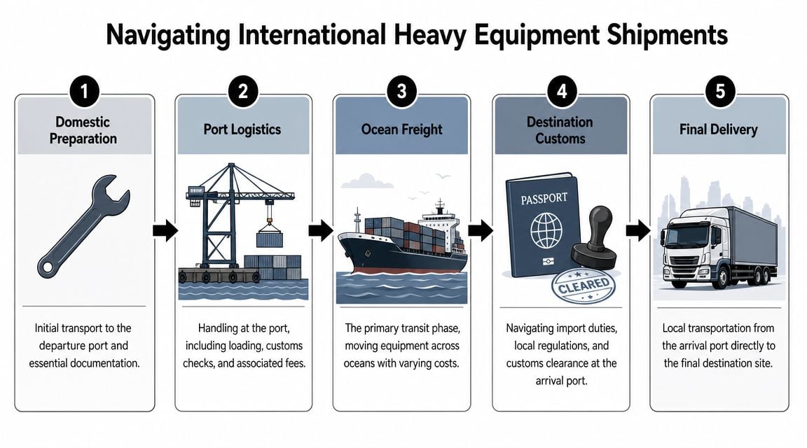 A five-step infographic showing the process of international heavy equipment transport from preparation to final delivery.