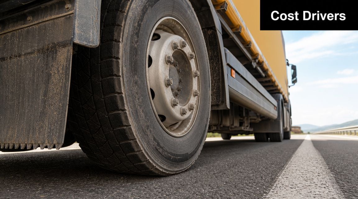 A close-up view of a large commercial truck tire driving on an asphalt highway.