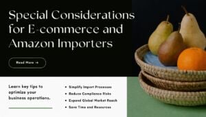 Hero section with dark left panel showing the headline Special Considerations for E commerce and Amazon Importers and a Read More button a woven basket of pears and an orange on the right