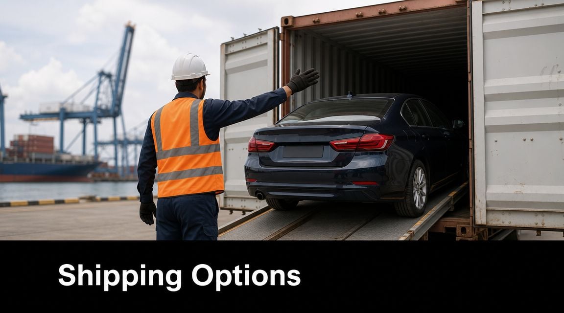 A logistics professional wearing a safety vest and hard hat guiding a car into a shipping container.