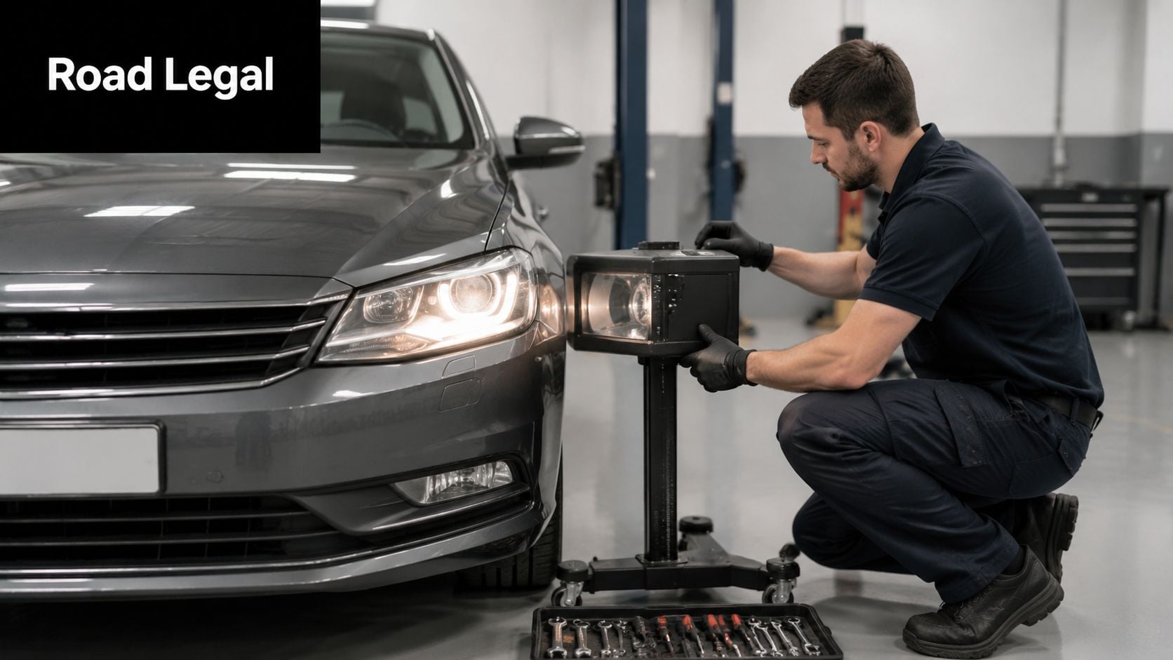 A car mechanic performing a headlight alignment test on a modern gray vehicle in a repair garage.