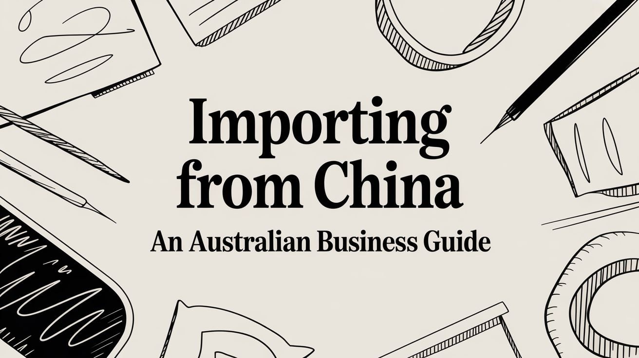 importingfromchinabusinessguide ausff Sehlooho se seholo Ho reka thepa ho tsoa Chaena ka sehloohoana Tataiso ea Khoebo ea Australia e pota-potiloeng ke lisebelisoa tsa ofisi tse nang le litšoantšo tse benyang