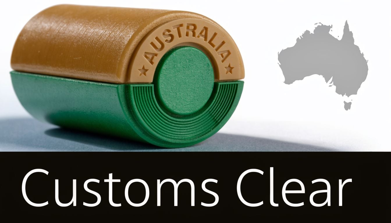 A dual-colored object with Australia embossed on it next to a grey silhouette map of Australia.