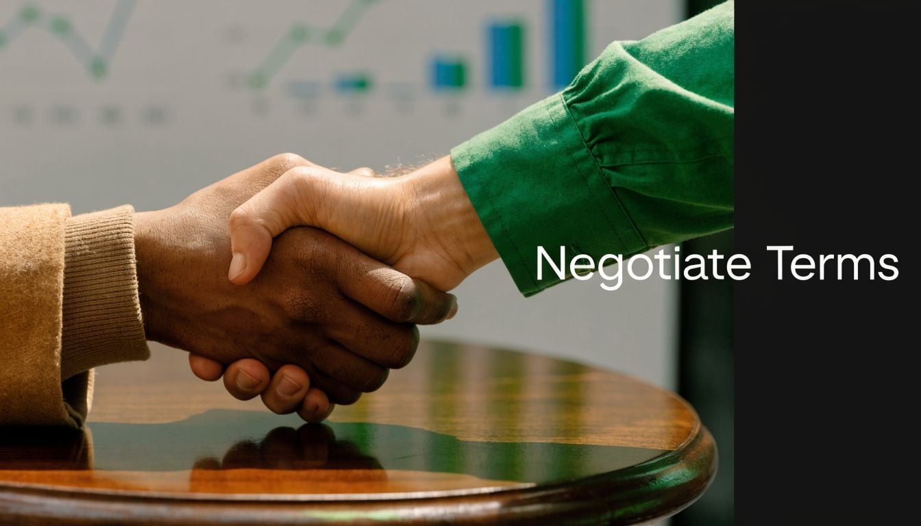 Two business people shaking hands over a round wooden table, symbolizing a successful professional agreement.
