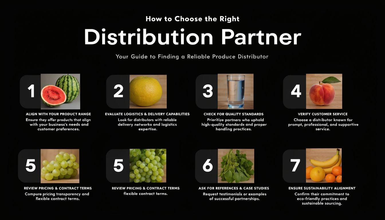 A helpful infographic guide outlining seven essential steps for choosing a reliable produce distribution partner for businesses.