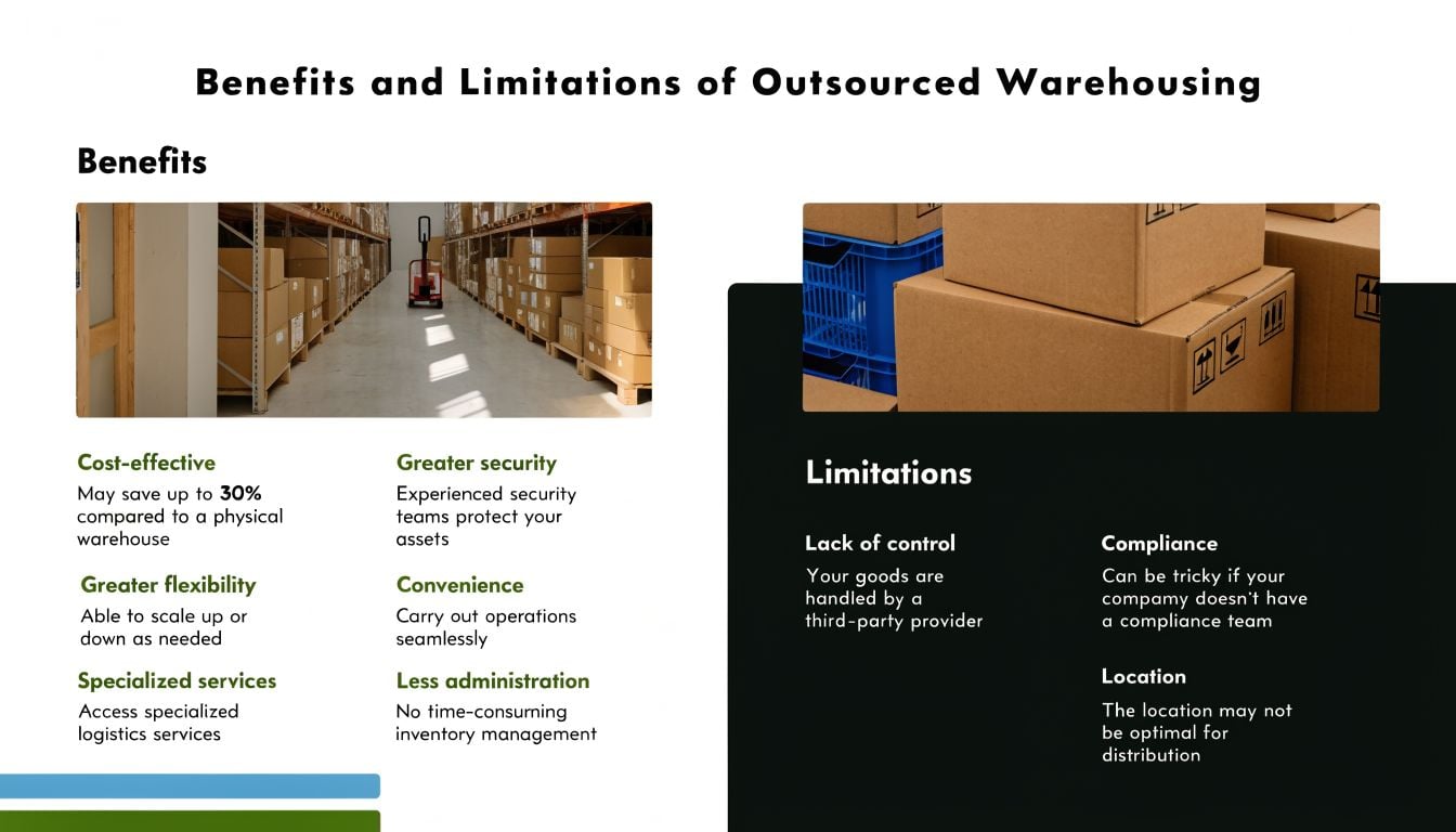 An infographic comparing the benefits and limitations of outsourced warehousing for businesses and logistics management.