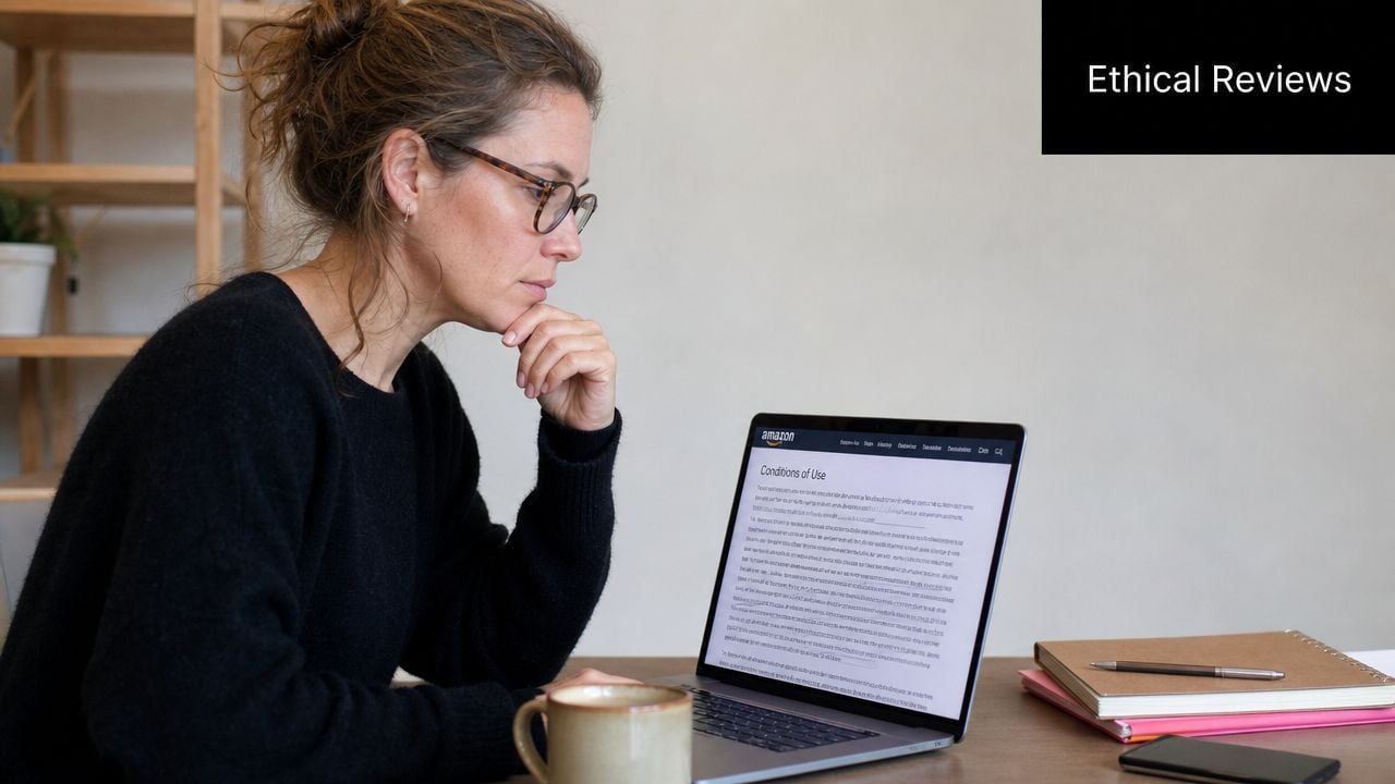 A woman wearing glasses thoughtfully reading Amazon conditions of use on her laptop screen at home.