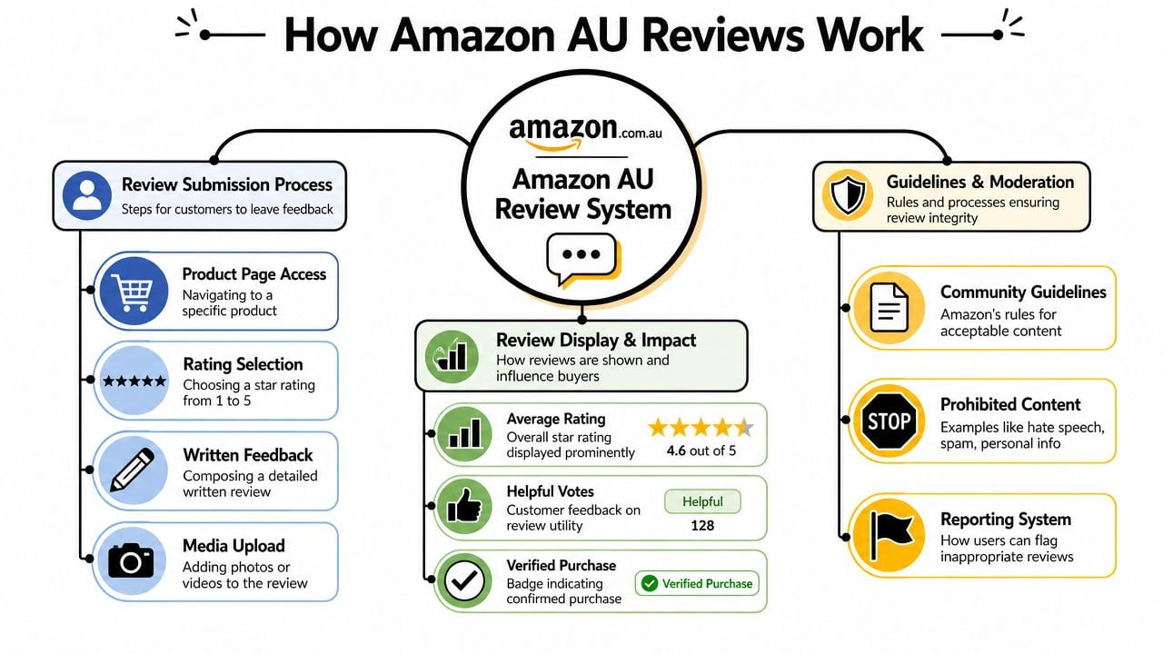 An infographic explaining the Amazon Australia review system, including submission steps, display features, and moderation guidelines.