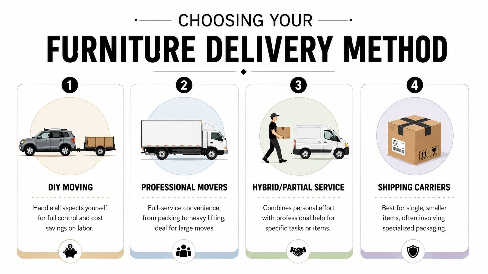 An infographic illustrating four furniture delivery methods including DIY, professional movers, hybrid services, and shipping carriers.