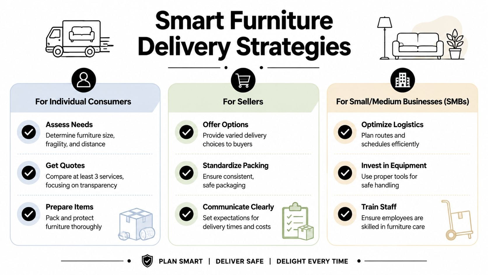 An infographic titled Smart Furniture Delivery Strategies outlining tips for individual consumers, sellers, and small businesses.