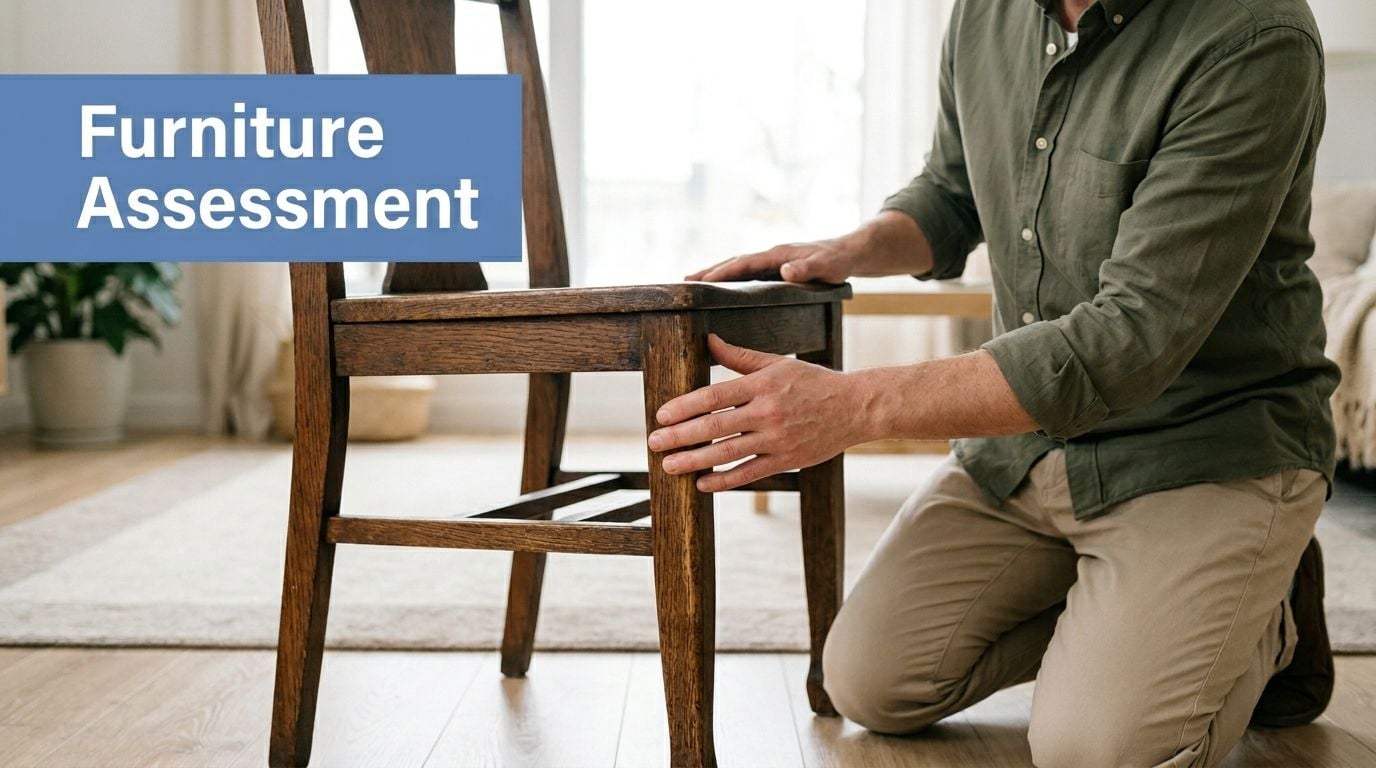 A man kneels on the floor to examine the condition of a vintage wooden dining chair.