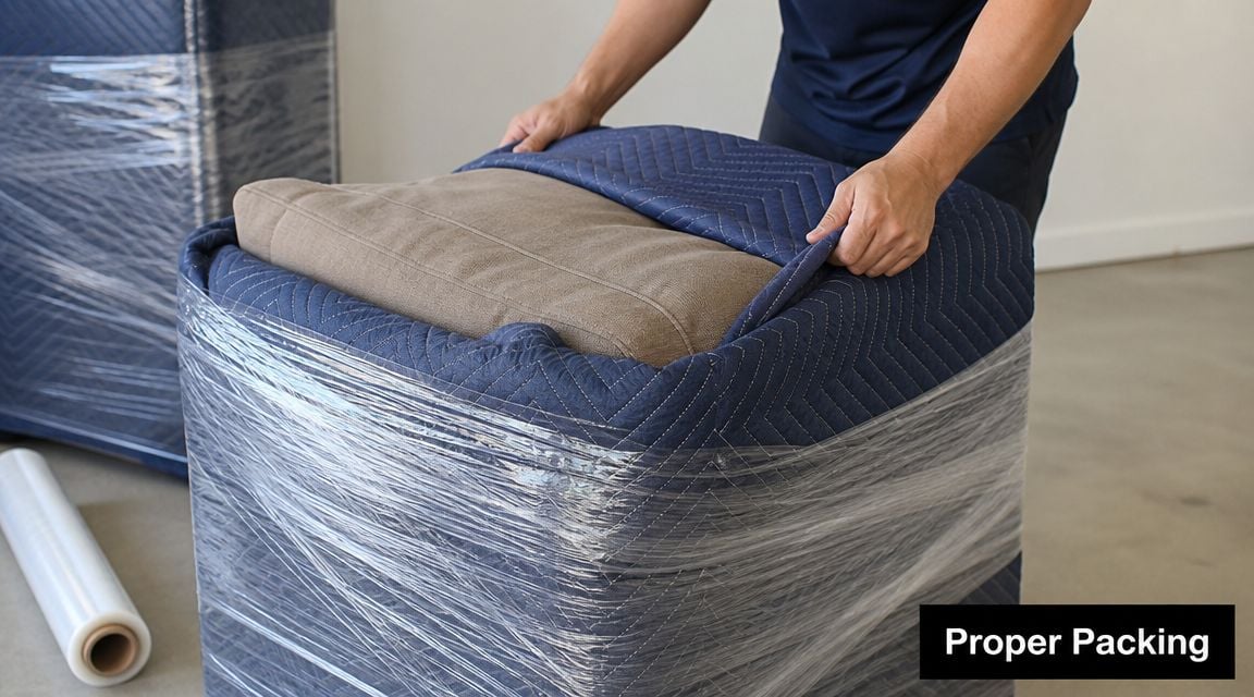 A person carefully wrapping a chair with a protective blue moving blanket and clear plastic film.