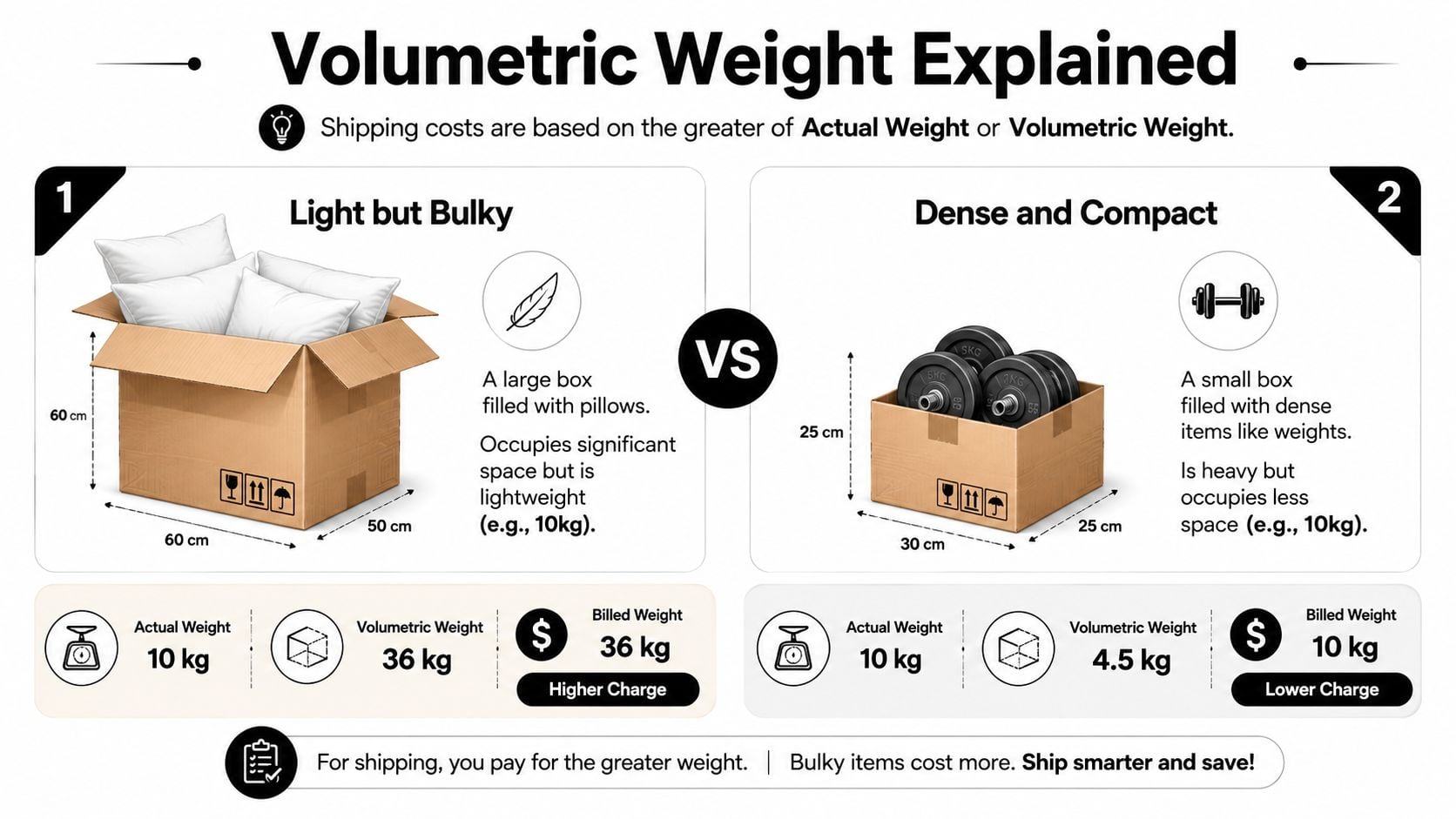 He infographic e wehewehe ana i ke ʻano o ka helu ʻana o ke kaumaha volumetric no ka hoʻouna ʻana ma muli o ka nui o ka pahu a me ke kaumaha maoli.