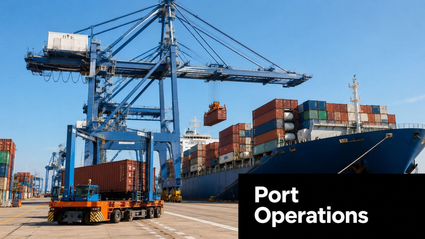 En stor blå portalkran lyfter en fraktcontainer över ett lastfartyg vid en livlig hamnterminal.