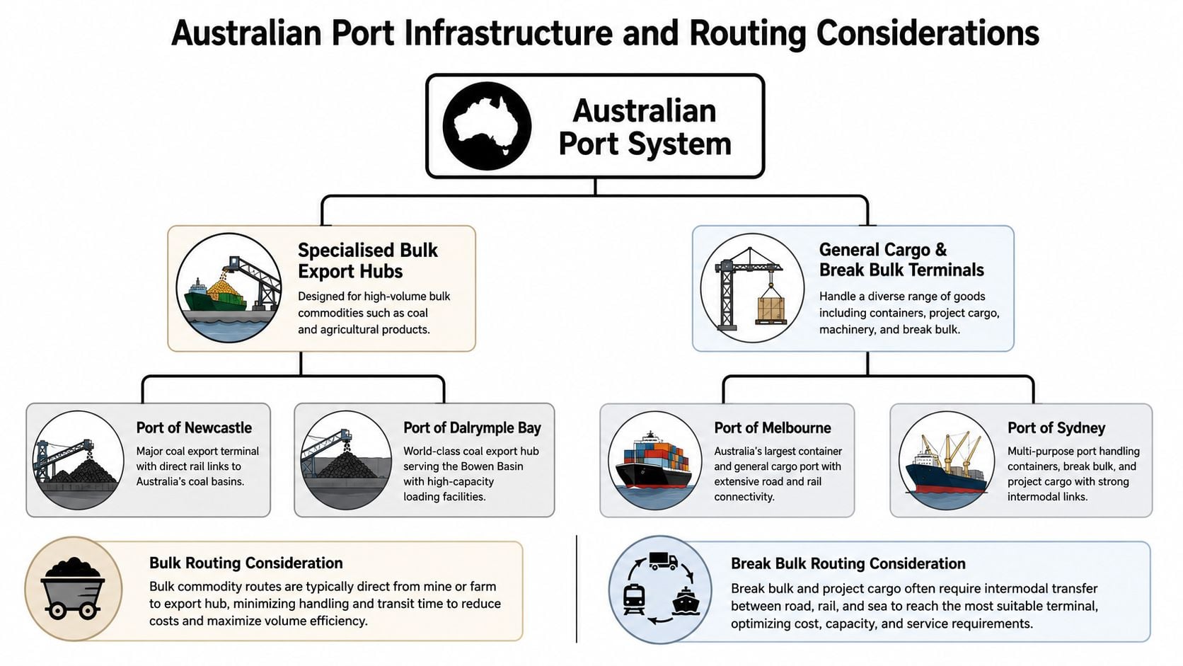 A flow chart outlining the structure of Australian port infrastructure for bulk and general cargo shipping.