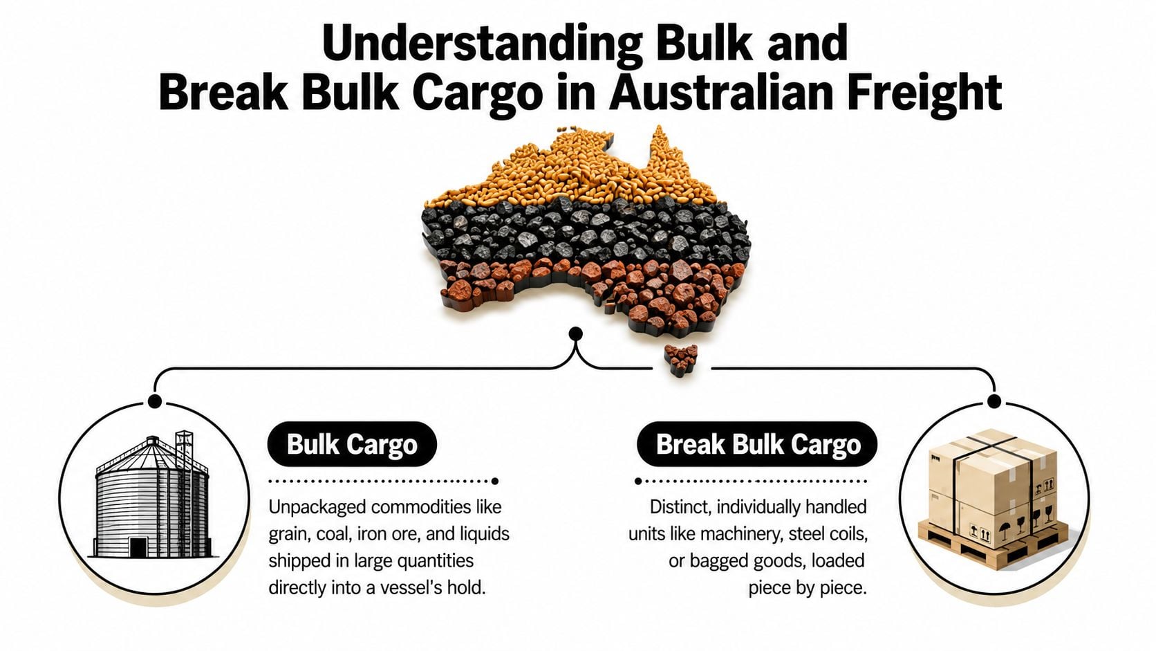 An infographic illustrating bulk and break bulk cargo types using an Australian map filled with commodities.