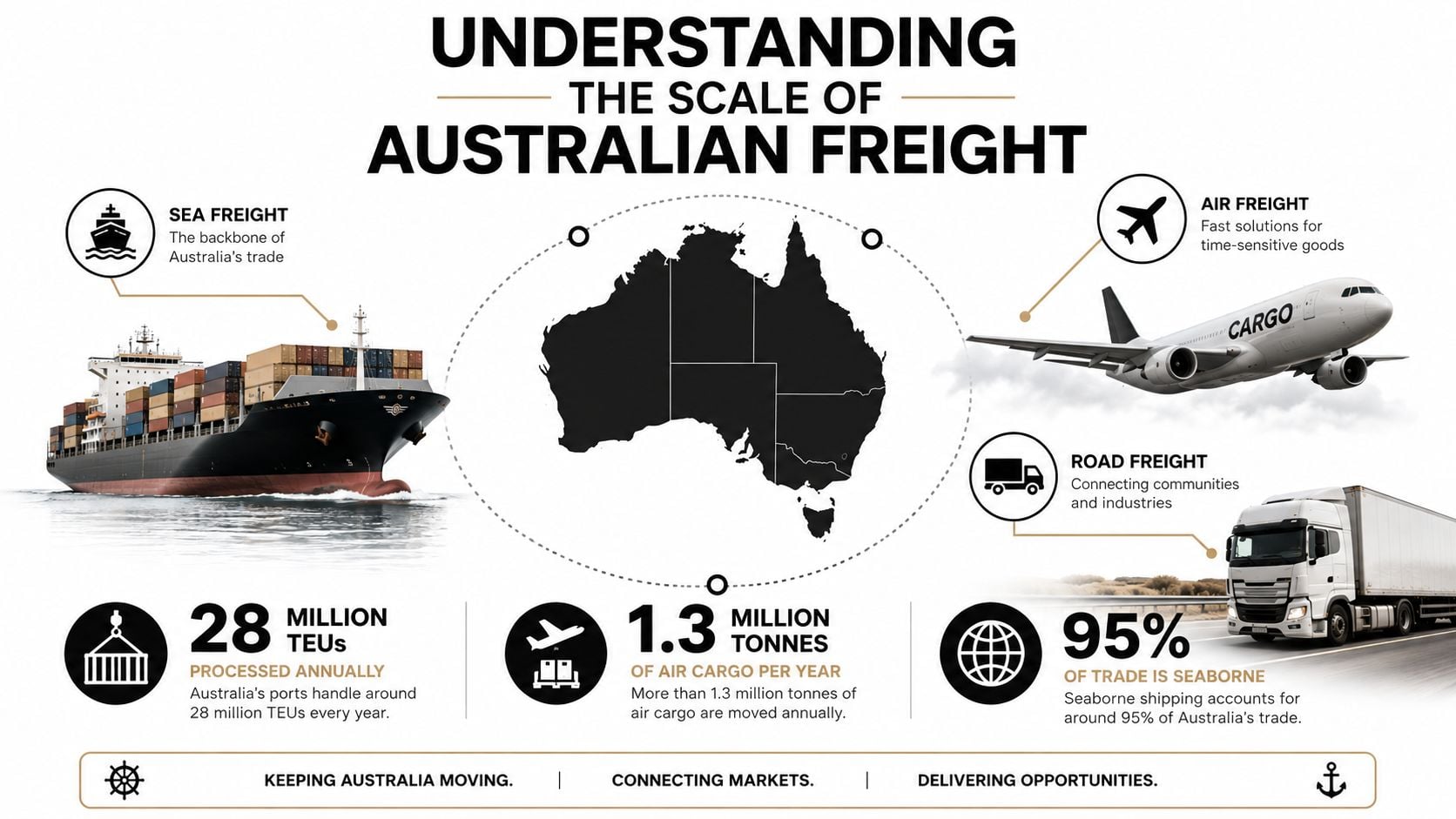 Eine Infografik mit Statistiken zur australischen Logistikbranche, einschließlich See-, Luft- und Straßengüterverkehr.