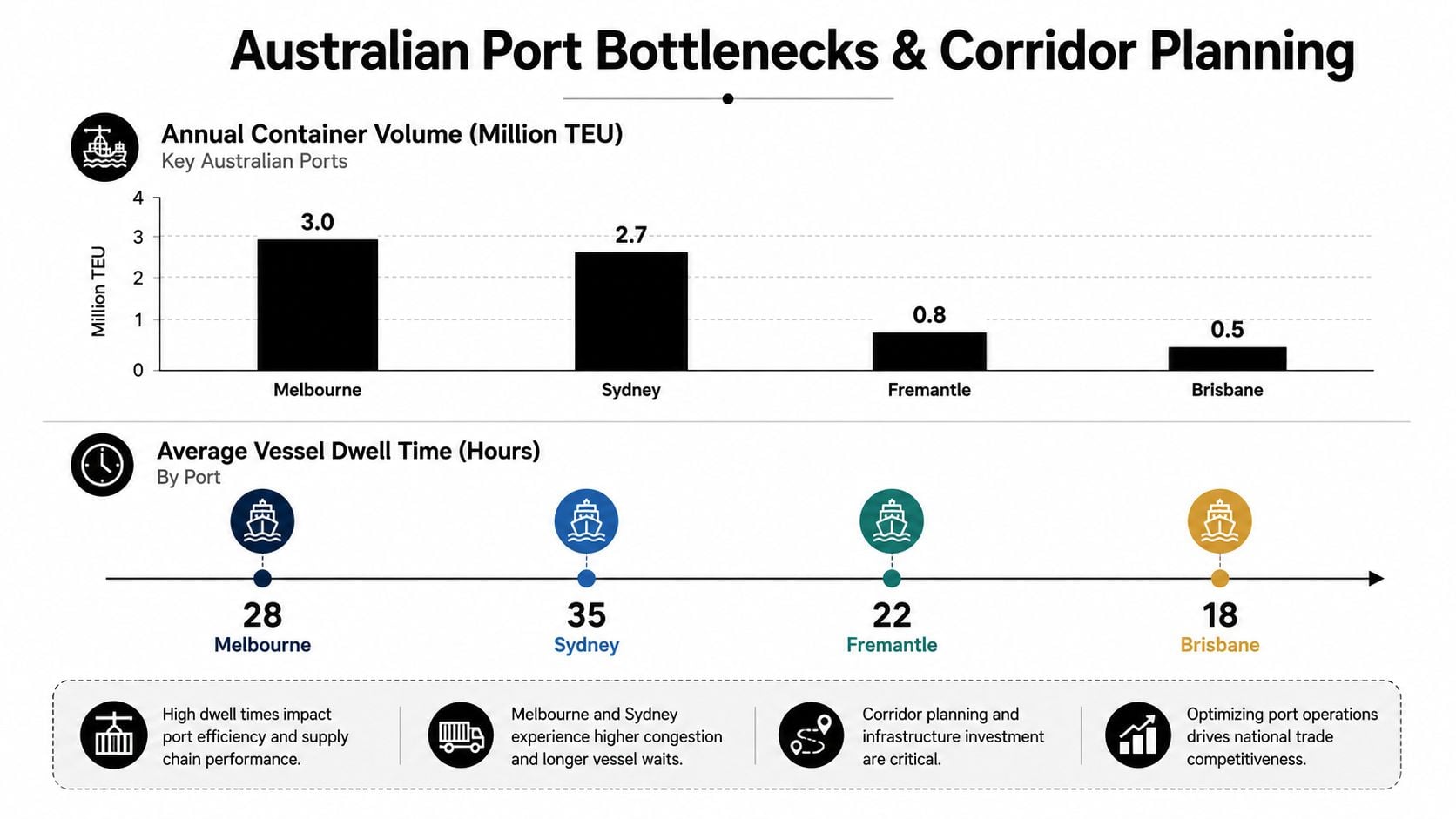 Eine Grafik, die die jährlichen Containerumschlagsmengen und Liegezeiten der Schiffe für wichtige australische Häfen wie Sydney und Melbourne zeigt.