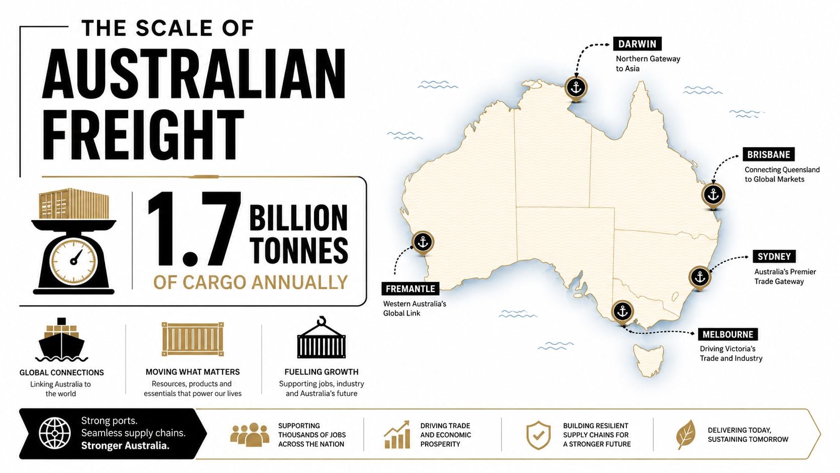 An infographic showing that Australian ports handle 1.7 billion tonnes of cargo annually, highlighting key port locations.